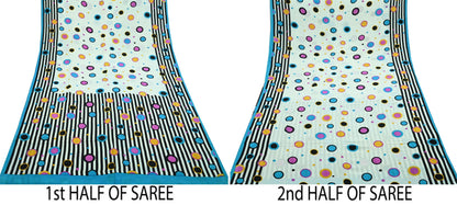 Indian Vintage White & Blue Saree Pure Crepe Silk Printed Sari 5yad Sewing Floral Soft Craft Fabric Wrap Dress making Crafting Quilting