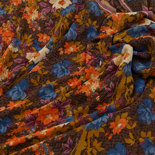 Indian Women Vintage Sari Brown  100% Pure Georgette Silk Printed Saree Sewing 5yd Soft Craft Fabric Floral Design Wrap Boho Dress making