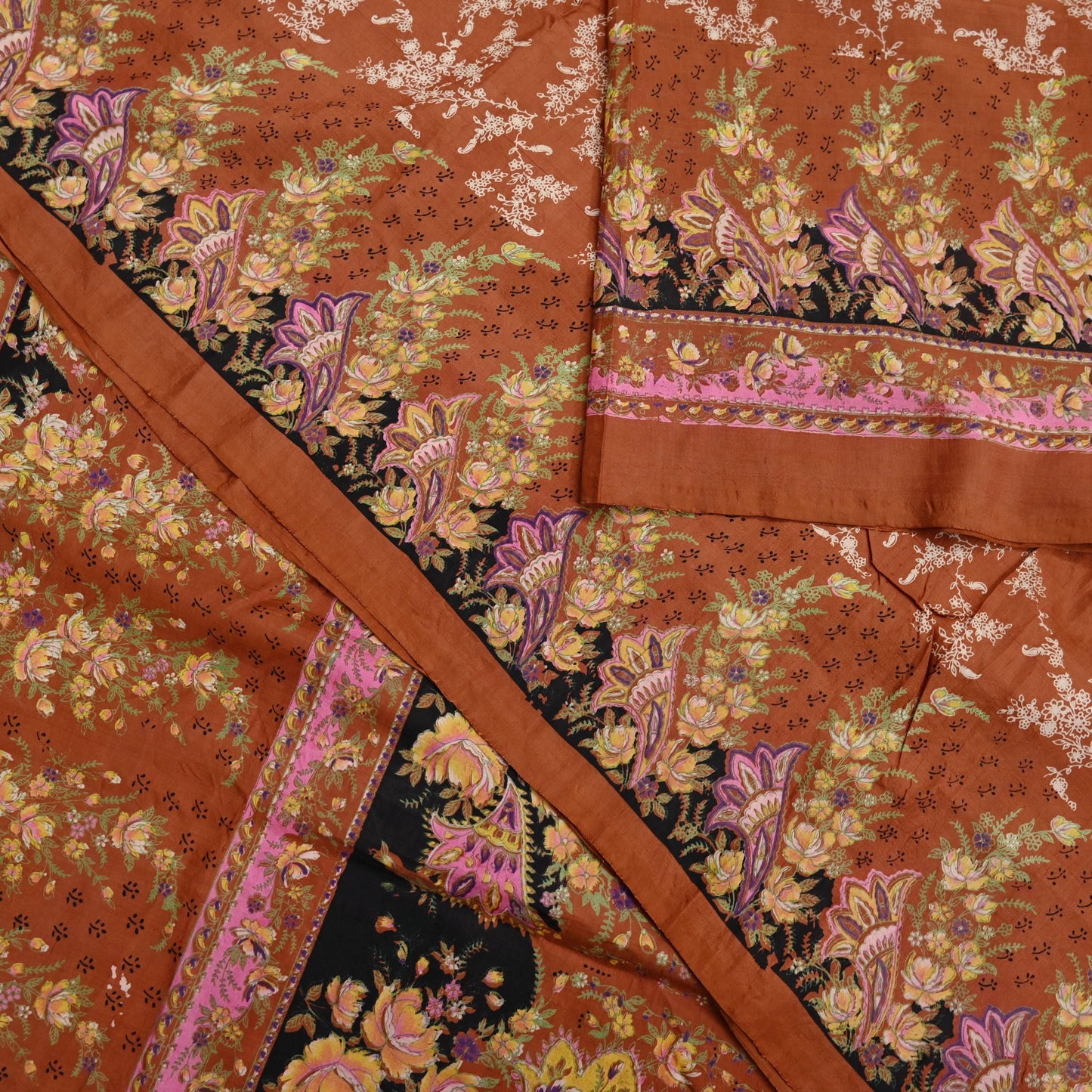 Indian Vintage Sari Orange 100% Pure Silk Printed Saree Craft Fabric 5yd Sewing Dress Making Soft Wrap Floral Quilting Crafting Upcycle