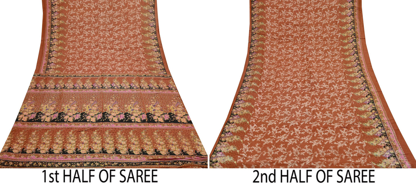 Indian Vintage Sari Orange 100% Pure Silk Printed Saree Craft Fabric 5yd Sewing Dress Making Soft Wrap Floral Quilting Crafting Upcycle