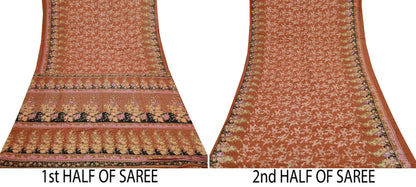 Indian Vintage Sari Orange 100% Pure Silk Printed Saree Craft Fabric 5yd Sewing Dress Making Soft Wrap Floral Quilting Crafting Upcycle
