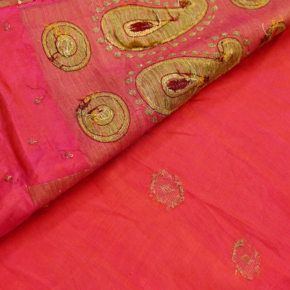 Indian Vintage Sari Pink Hand Embroidered Pure Silk Sarees Craft Fabric 5Yd Sequins Wedding Sarees Quilting Crafting Upcycle
