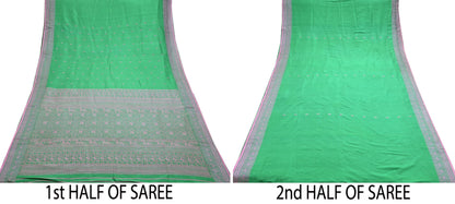 Indian Vintage Sari Green 100% Pure Silk Hand Woven Sarees Craft Fabric 5Yd Ethnic Sewing Dress making Crafting Quilting Upcycle