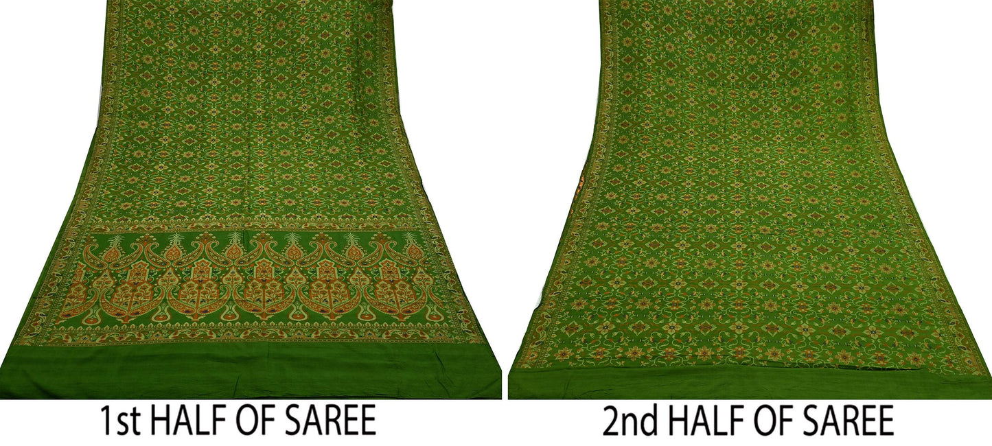 Indian Vintage Sari Green 100% Pure Silk Hand Woven Sarees Craft Fabric 5Yd Ethnic Sewing Dress making Crafting Quilting Upcycle