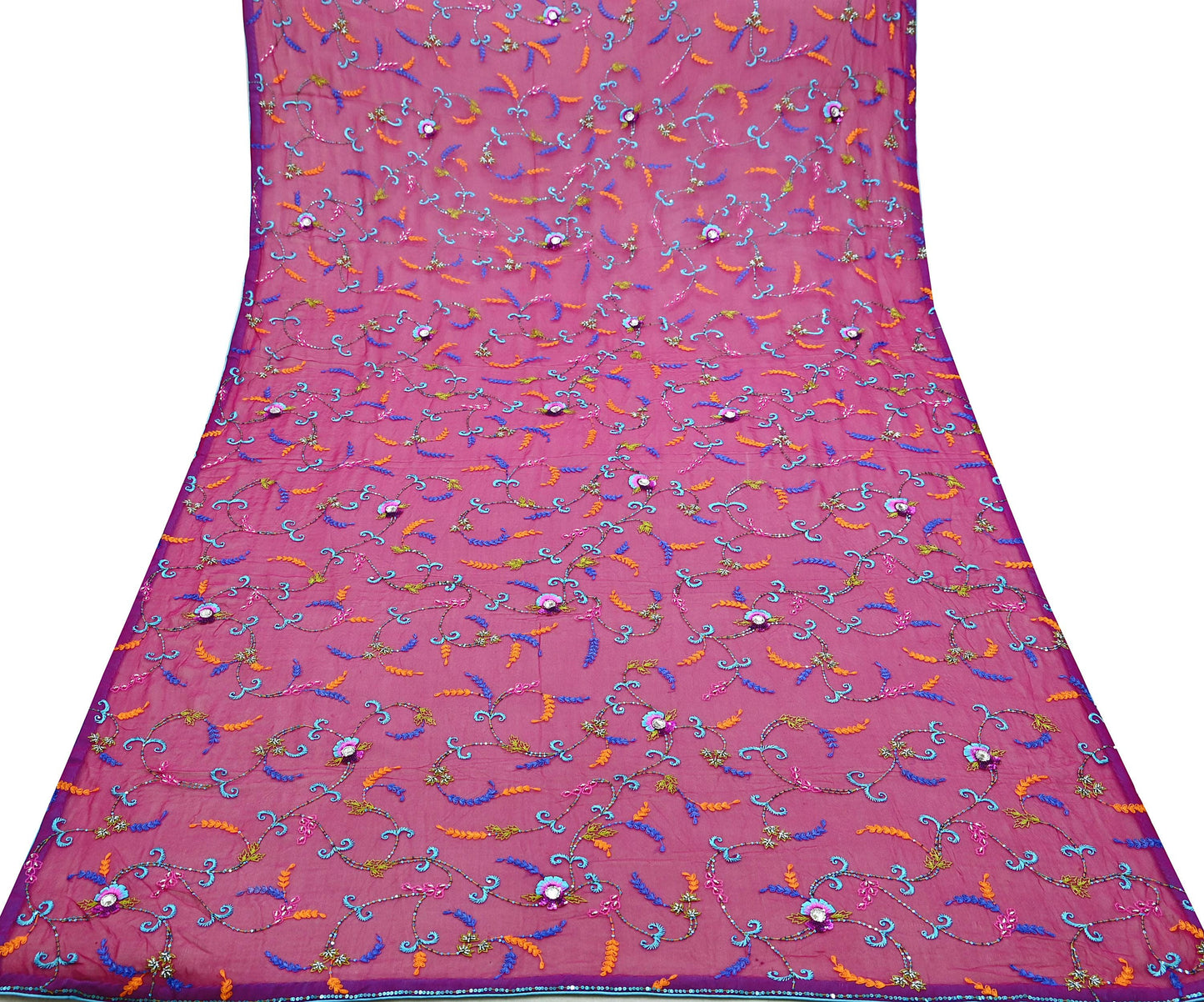 Indian Vintage Magenta Dupatta Pure Georgette silk Long Stole Hand Embroidered Scarves Stole Veil Wrap Sequins