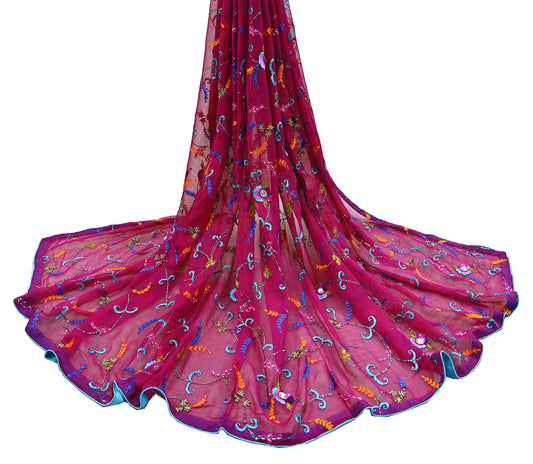 Indian Vintage Magenta Dupatta Pure Georgette silk Long Stole Hand Embroidered Scarves Stole Veil Wrap Sequins