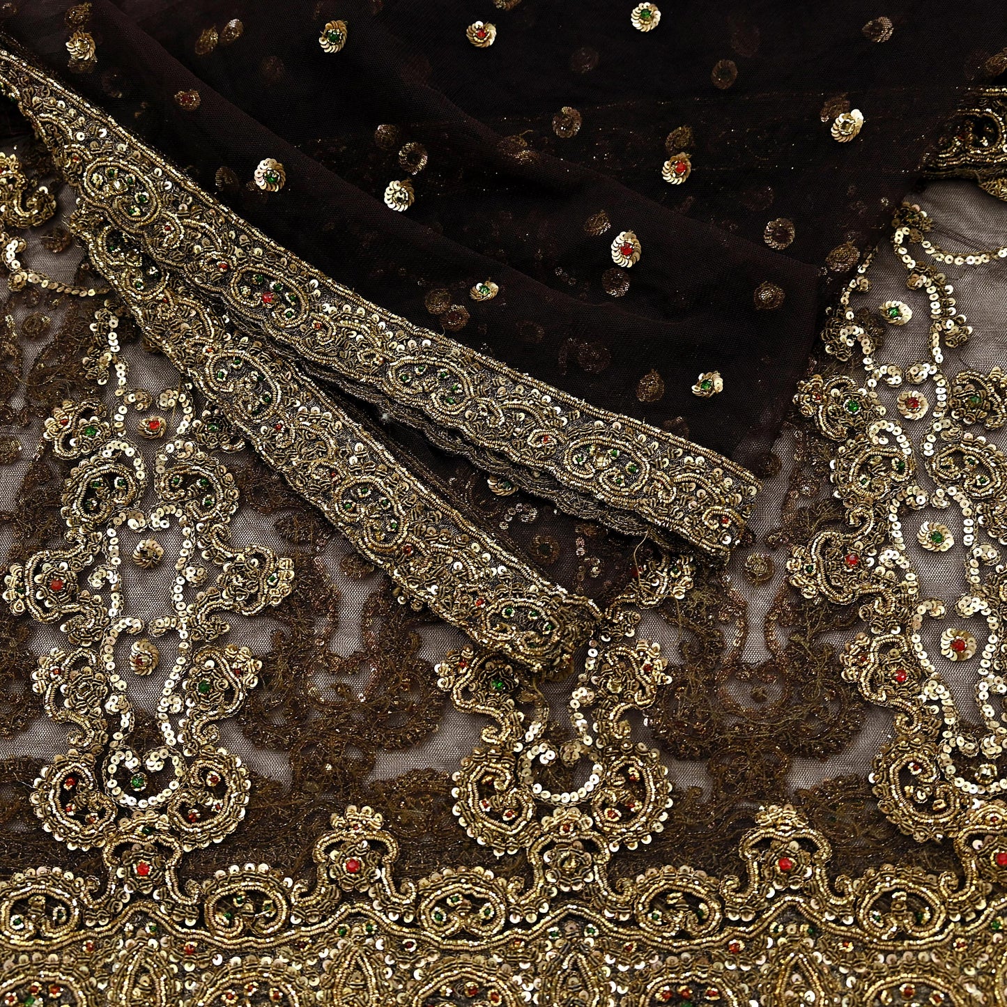 Indian Vintage Heavy Brown Dupatta Net Mesh Long Stole Hand Embroidered Scarves Golden Zardozi Dabka Zari Sequins