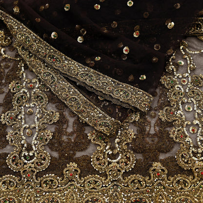 Indian Vintage Heavy Brown Dupatta Net Mesh Long Stole Hand Embroidered Scarves Golden Zardozi Dabka Zari Sequins