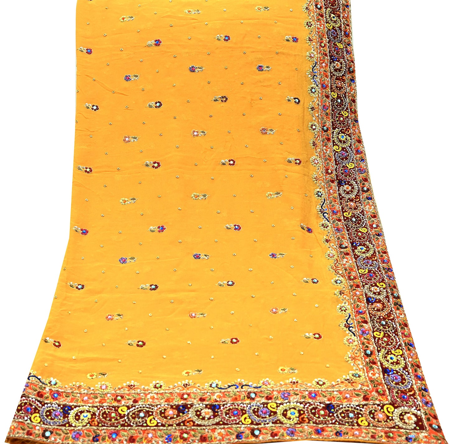 Indian Vintage Heavy Bridal Dupatta Saffron Pure Georgette Silk Long Stole Hand Embroidered Scarf Zardozi/Dabka Zari Wedding/Party Dupatta