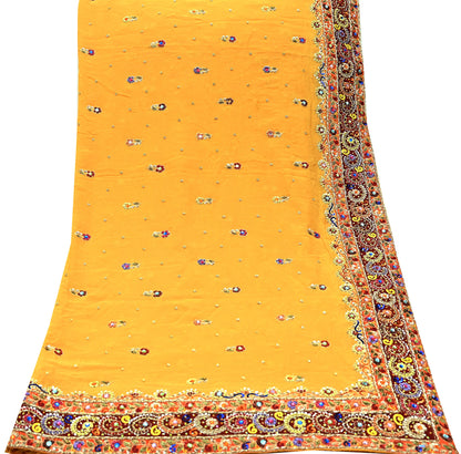 Indian Vintage Heavy Bridal Dupatta Saffron Pure Georgette Silk Long Stole Hand Embroidered Scarf Zardozi/Dabka Zari Wedding/Party Dupatta