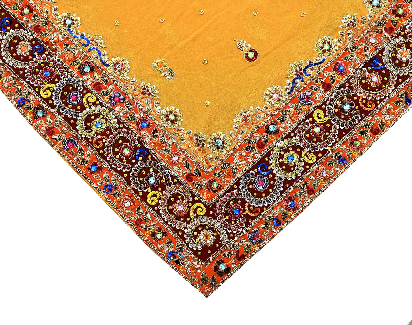 Indian Vintage Heavy Bridal Dupatta Saffron Pure Georgette Silk Long Stole Hand Embroidered Scarf Zardozi/Dabka Zari Wedding/Party Dupatta