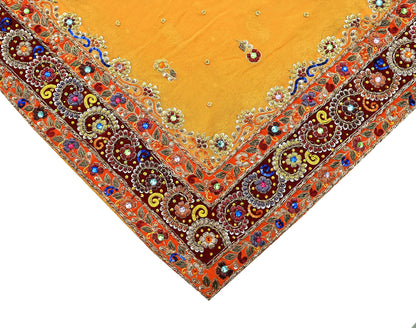 Indian Vintage Heavy Bridal Dupatta Saffron Pure Georgette Silk Long Stole Hand Embroidered Scarf Zardozi/Dabka Zari Wedding/Party Dupatta