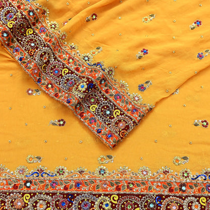 Indian Vintage Heavy Bridal Dupatta Saffron Pure Georgette Silk Long Stole Hand Embroidered Scarf Zardozi/Dabka Zari Wedding/Party Dupatta