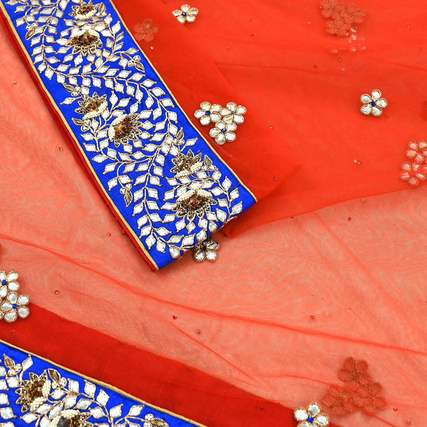 Indian Vintage Heavy Orange Dupatta Net Mesh Long Stole Hand Embroidered Scarves Zardozi/ Dabka Zari Bridal/ Wedding Veil