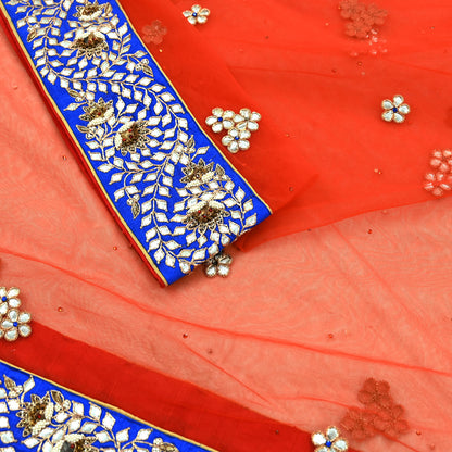 Indian Vintage Heavy Orange Dupatta Net Mesh Long Stole Hand Embroidered Scarves Zardozi/ Dabka Zari Bridal/ Wedding Veil