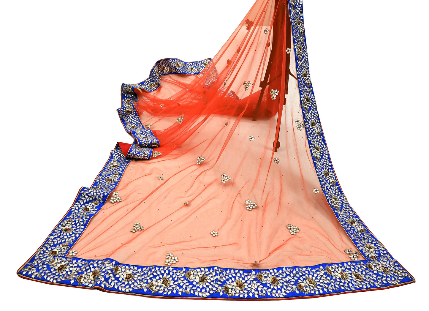 Indian Vintage Heavy Orange Dupatta Net Mesh Long Stole Hand Embroidered Scarves Zardozi/ Dabka Zari Bridal/ Wedding Veil