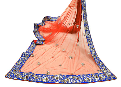 Indian Vintage Heavy Orange Dupatta Net Mesh Long Stole Hand Embroidered Scarves Zardozi/ Dabka Zari Bridal/ Wedding Veil