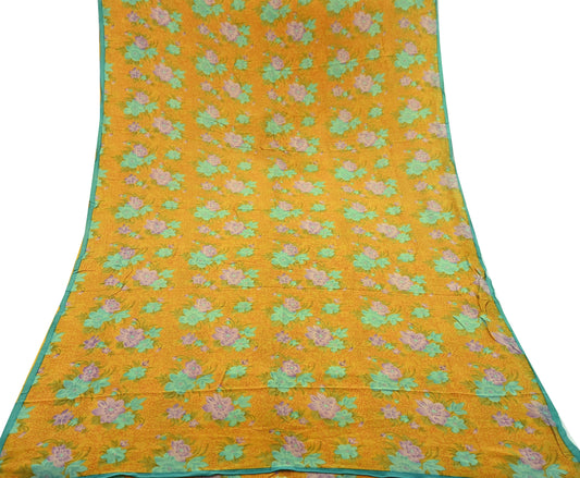 Indian Vintage Sari Mustard Pure Crepe Silk Printed Saree 5yd Sewing Floral Soft Craft Fabric Wrap Dress making Crafting Quilting Designing