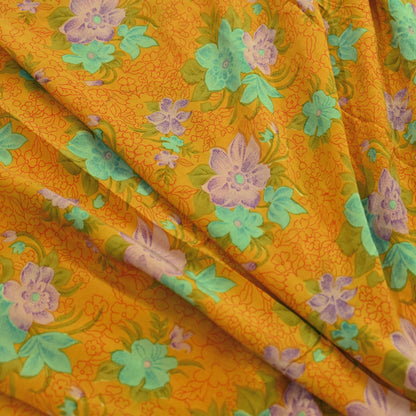Indian Vintage Sari Mustard Pure Crepe Silk Printed Saree 5yd Sewing Floral Soft Craft Fabric Wrap Dress making Crafting Quilting Designing