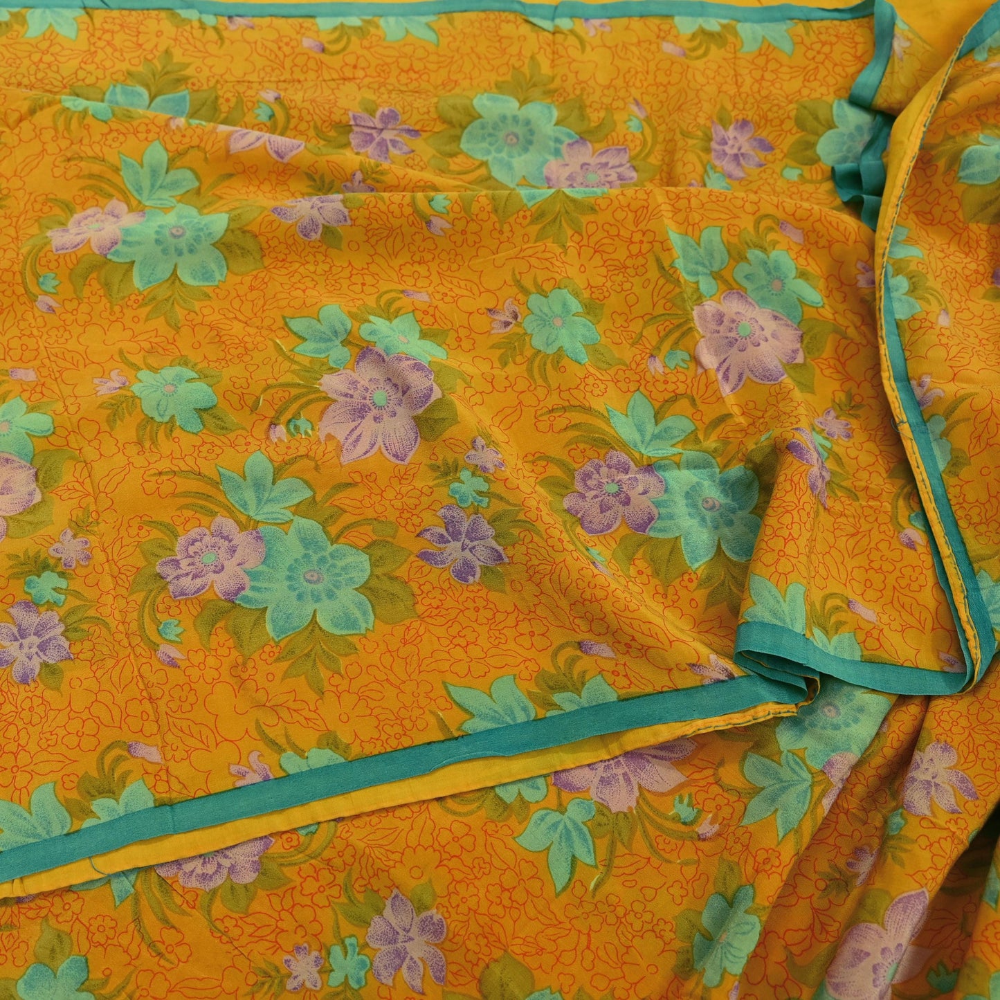 Indian Vintage Sari Mustard Pure Crepe Silk Printed Saree 5yd Sewing Floral Soft Craft Fabric Wrap Dress making Crafting Quilting Designing
