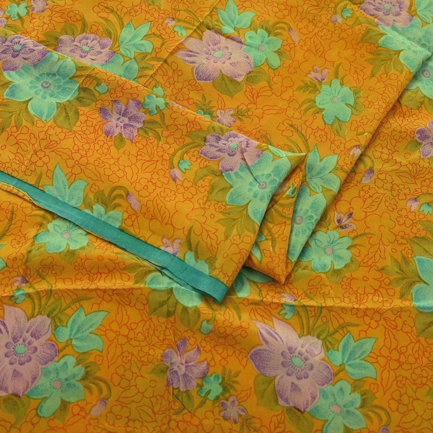 Indian Vintage Sari Mustard Pure Crepe Silk Printed Saree 5yd Sewing Floral Soft Craft Fabric Wrap Dress making Crafting Quilting Designing