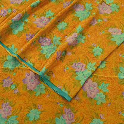 Indian Vintage Sari Mustard Pure Crepe Silk Printed Saree 5yd Sewing Floral Soft Craft Fabric Wrap Dress making Crafting Quilting Designing
