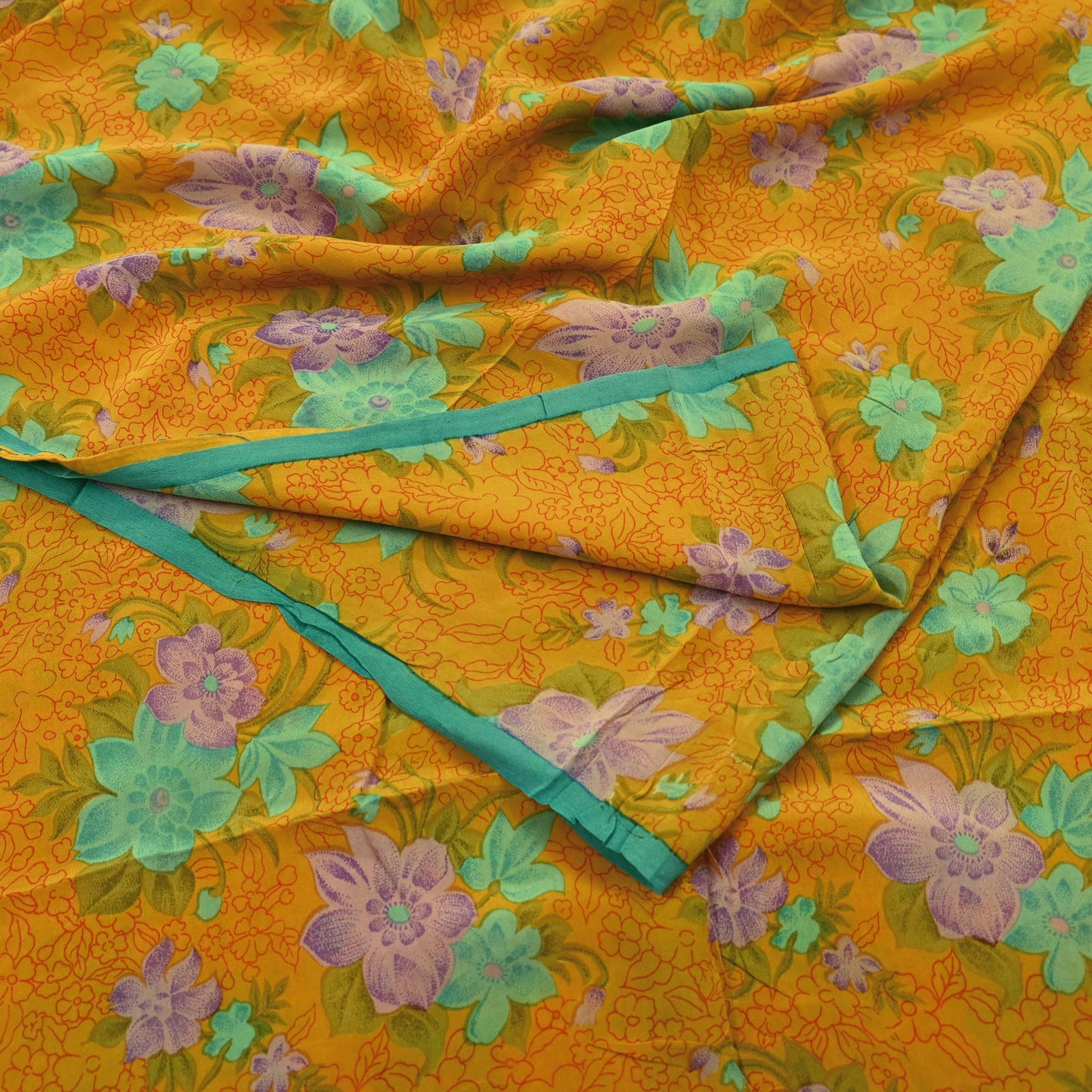 Indian Vintage Sari Mustard Pure Crepe Silk Printed Saree 5yd Sewing Floral Soft Craft Fabric Wrap Dress making Crafting Quilting Designing