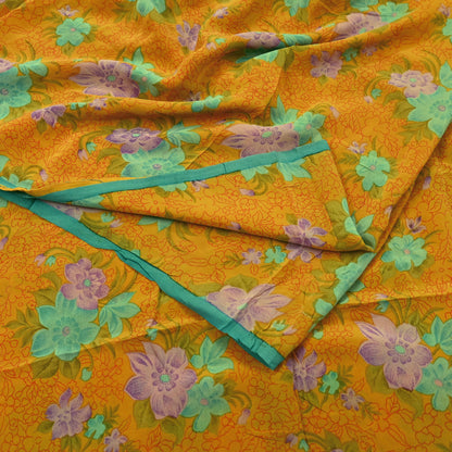 Indian Vintage Sari Mustard Pure Crepe Silk Printed Saree 5yd Sewing Floral Soft Craft Fabric Wrap Dress making Crafting Quilting Designing