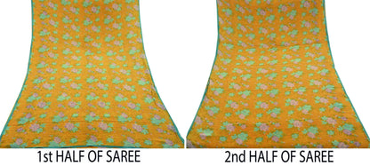 Indian Vintage Sari Mustard Pure Crepe Silk Printed Saree 5yd Sewing Floral Soft Craft Fabric Wrap Dress making Crafting Quilting Designing
