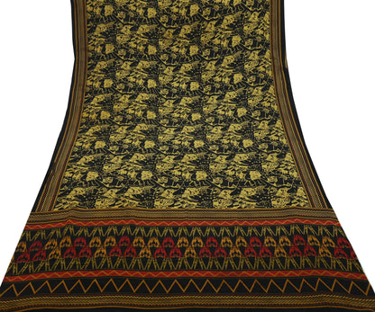 Indian Vintage Sari Mustard & Black Pure Crepe Silk Printed Sarees 5yd Sewing Soft Craft Fabric Floral Wrap Quilting Dress Making Crafting