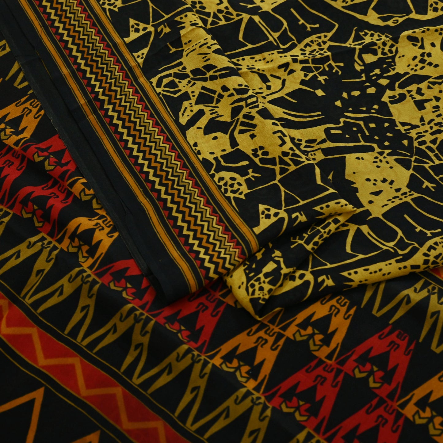 Indian Vintage Sari Mustard & Black Pure Crepe Silk Printed Sarees 5yd Sewing Soft Craft Fabric Floral Wrap Quilting Dress Making Crafting