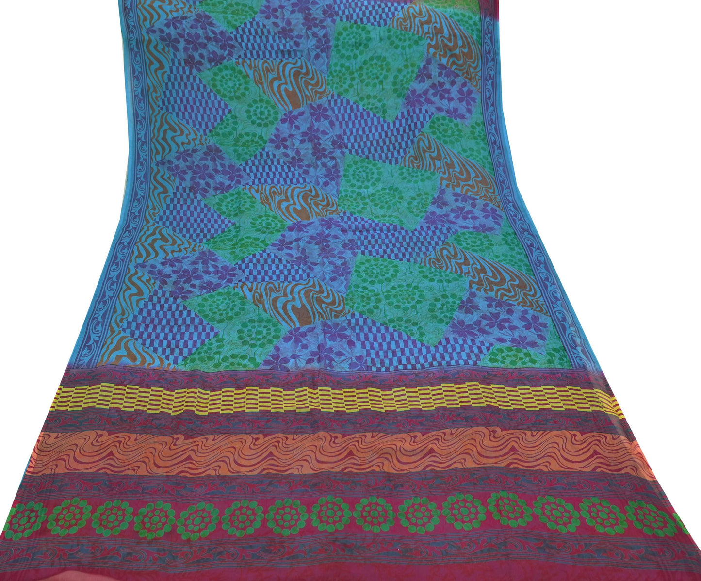 Indian Vintage Sari Blue & Purple Pure Chiffon Silk Printed Sarees Craft Fabric Sewing 6Yd Soft Light Sari Dress Making