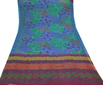 Indian Vintage Sari Blue & Purple Pure Chiffon Silk Printed Sarees Craft Fabric Sewing 6Yd Soft Light Sari Dress Making