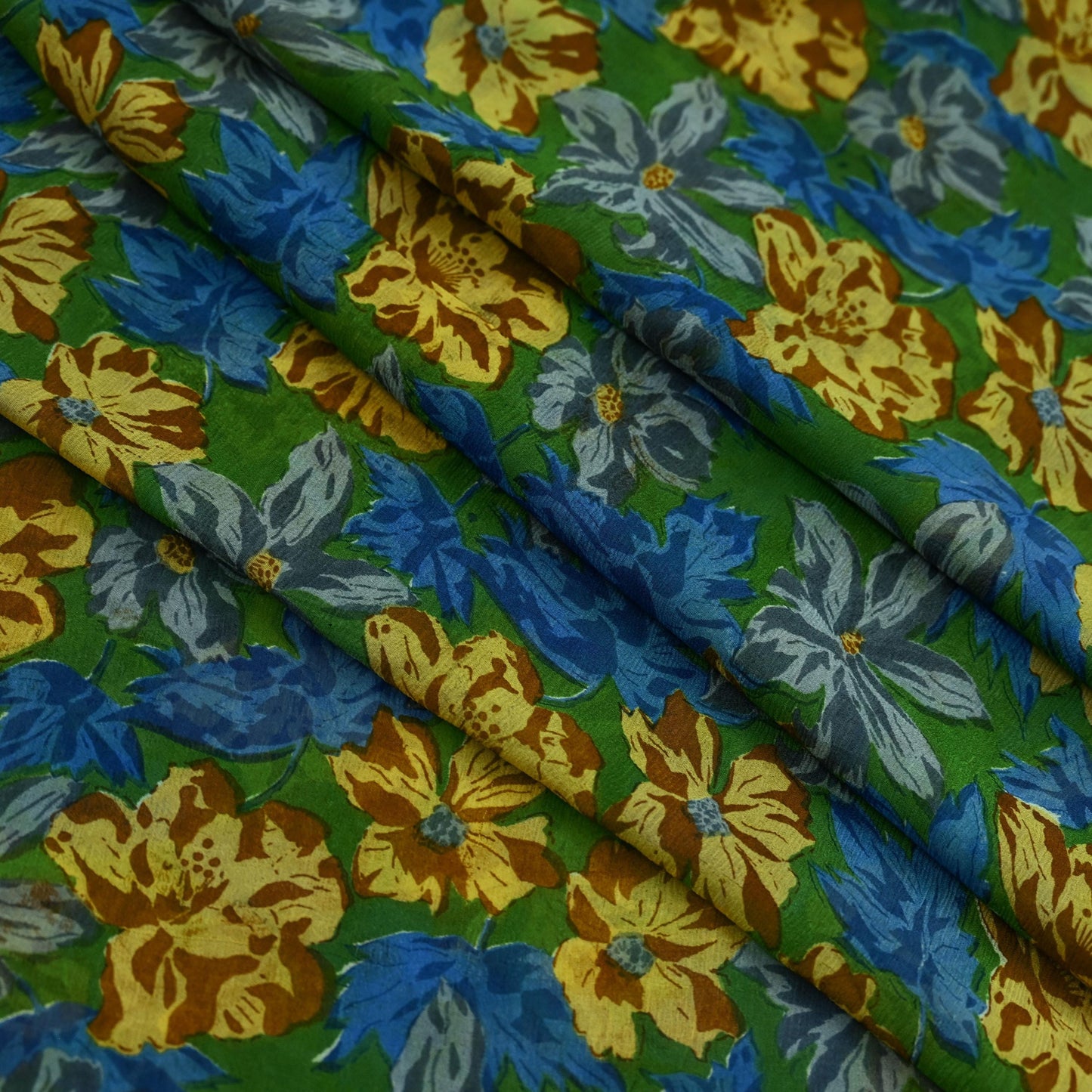 Indian Vintage Sari Green Pure Chiffon Silk Printed Sarees 5Yd Craft Fabric Sewing Soft Light Sari Dress Making Floral Quilting Crafting