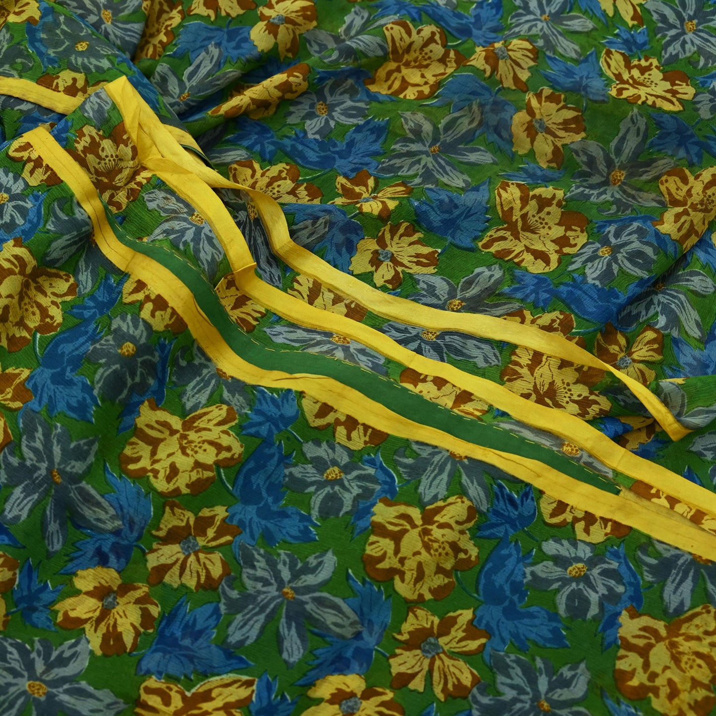 Indian Vintage Sari Green Pure Chiffon Silk Printed Sarees 5Yd Craft Fabric Sewing Soft Light Sari Dress Making Floral Quilting Crafting