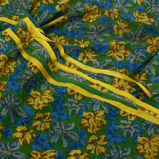 Indian Vintage Sari Green Pure Chiffon Silk Printed Sarees 5Yd Craft Fabric Sewing Soft Light Sari Dress Making Floral Quilting Crafting