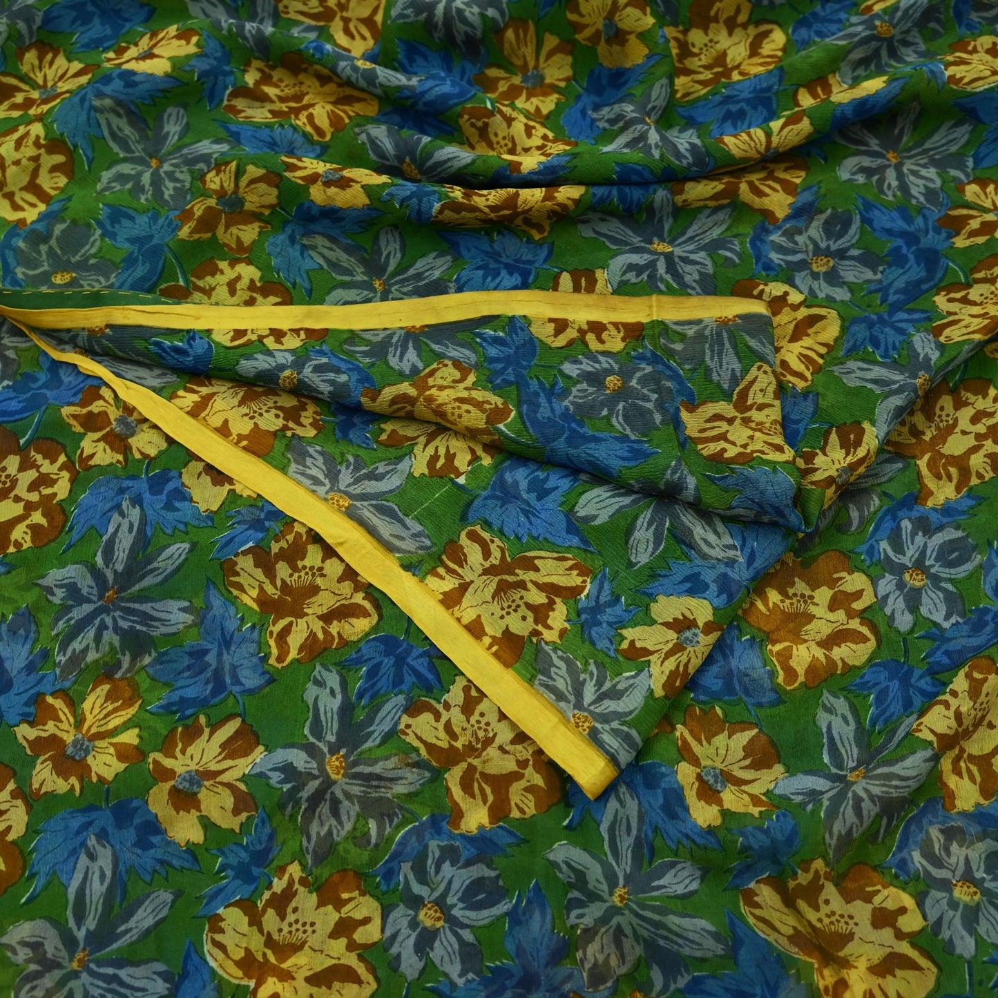 Indian Vintage Sari Green Pure Chiffon Silk Printed Sarees 5Yd Craft Fabric Sewing Soft Light Sari Dress Making Floral Quilting Crafting
