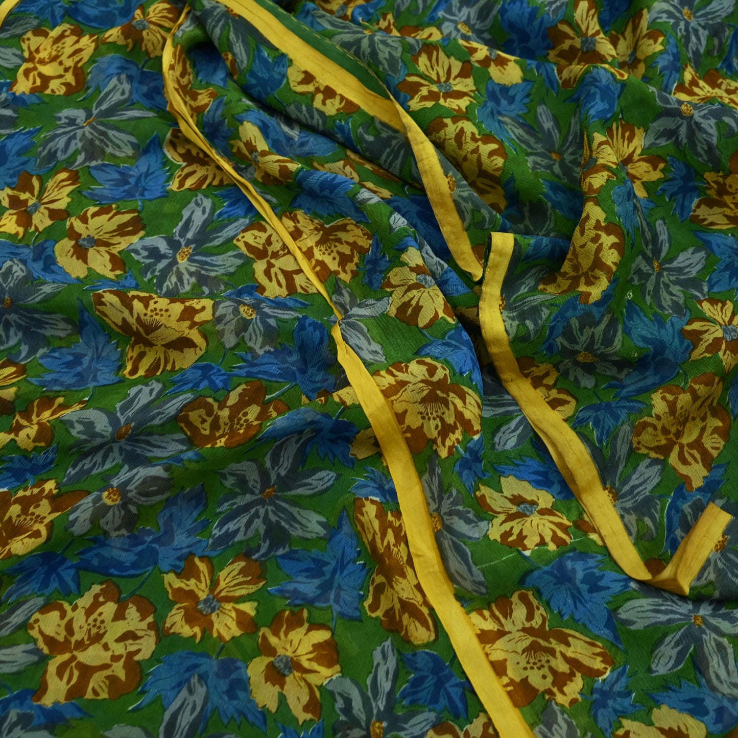 Indian Vintage Sari Green Pure Chiffon Silk Printed Sarees 5Yd Craft Fabric Sewing Soft Light Sari Dress Making Floral Quilting Crafting