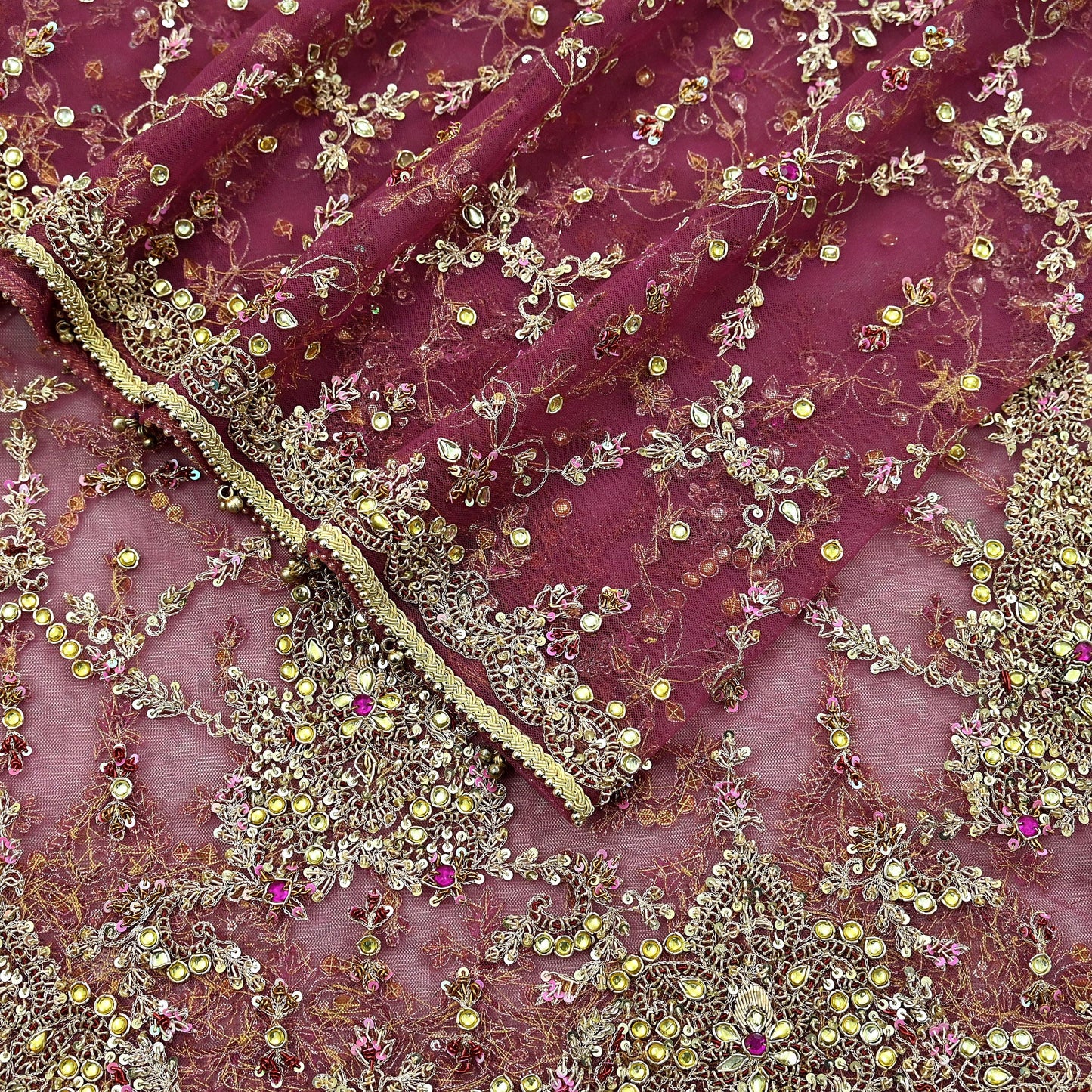 Indian Vintage Heavy Purple Dupatta Net Mesh Long Stole Hand Embroidered Scarf Zardozi Zari Sequins Stole Wedding Veil