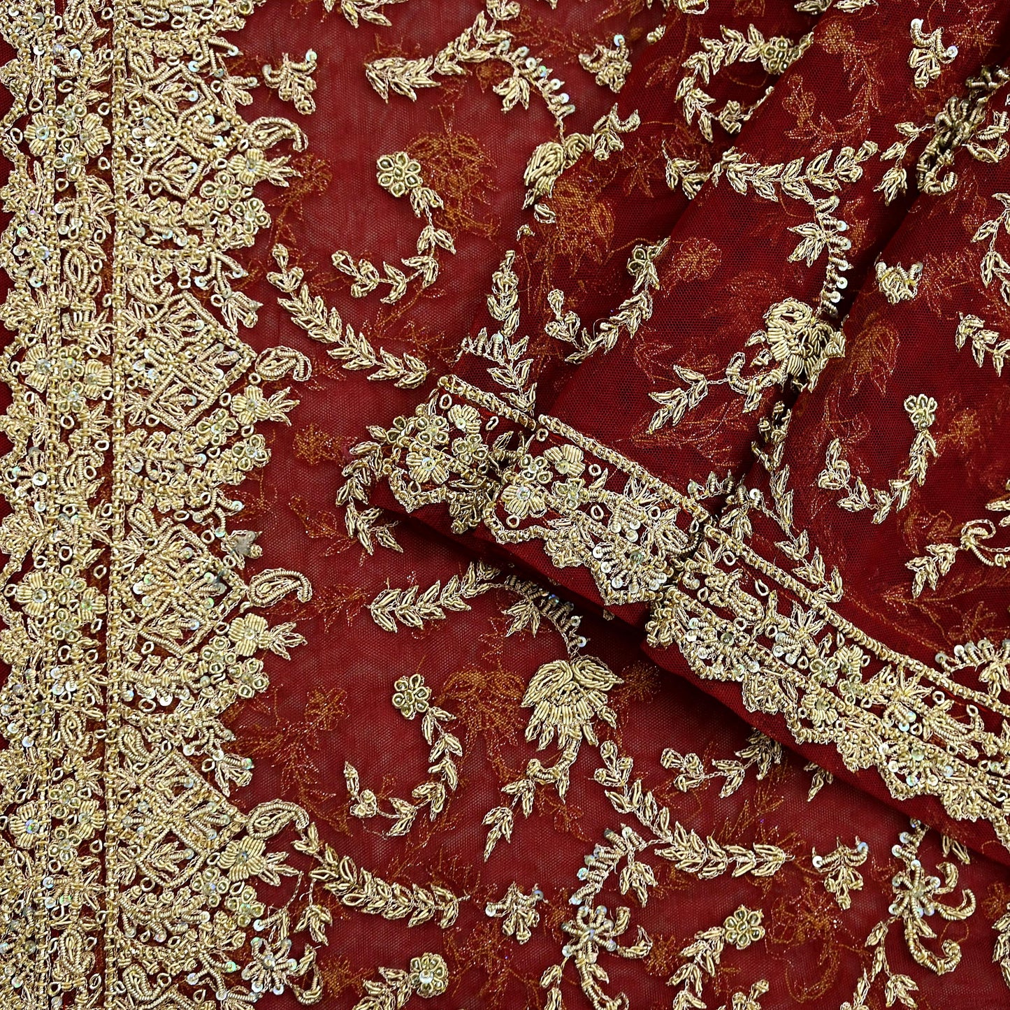Indian Vintage Heavy Red Dupatta Net Mesh Long Stole Hand Embroidered Scarves Golden Zardozi Zari Sequins Stole
