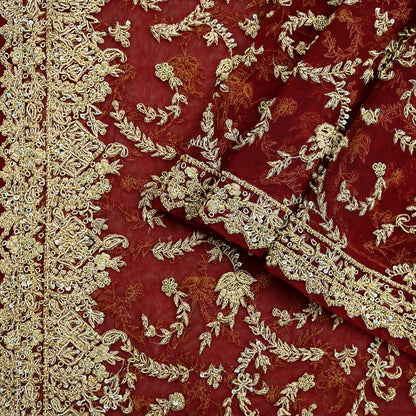 Indian Vintage Heavy Red Dupatta Net Mesh Long Stole Hand Embroidered Scarves Golden Zardozi Zari Sequins Stole