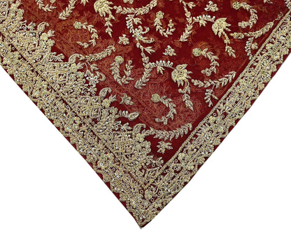Indian Vintage Heavy Red Dupatta Net Mesh Long Stole Hand Embroidered Scarves Golden Zardozi Zari Sequins Stole