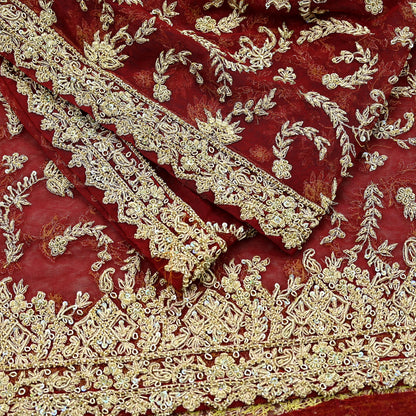 Indian Vintage Heavy Red Dupatta Net Mesh Long Stole Hand Embroidered Scarves Golden Zardozi Zari Sequins Stole
