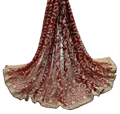 Indian Vintage Heavy Red Dupatta Net Mesh Long Stole Hand Embroidered Scarves Golden Zardozi Zari Sequins Stole