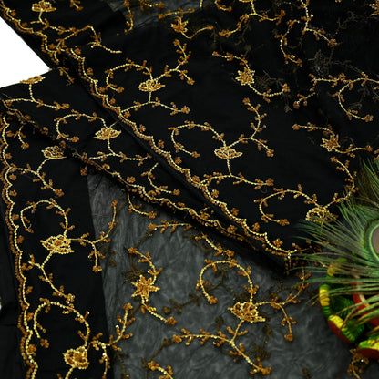 Indian Vintage Heavy Sari Black Net/Mesh Embroidered Sarees Fabric 5Yd Sewing Soft Floral Craft Fabric Dress making Crafting Bollywood sari