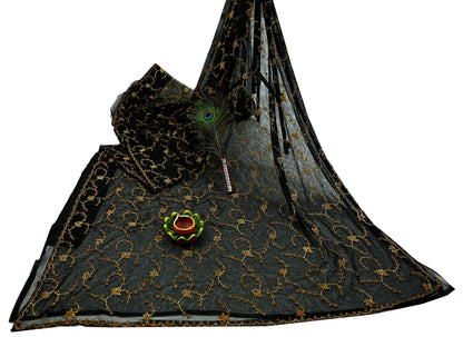 Indian Vintage Heavy Sari Black Net/Mesh Embroidered Sarees Fabric 5Yd Sewing Soft Floral Craft Fabric Dress making Crafting Bollywood sari