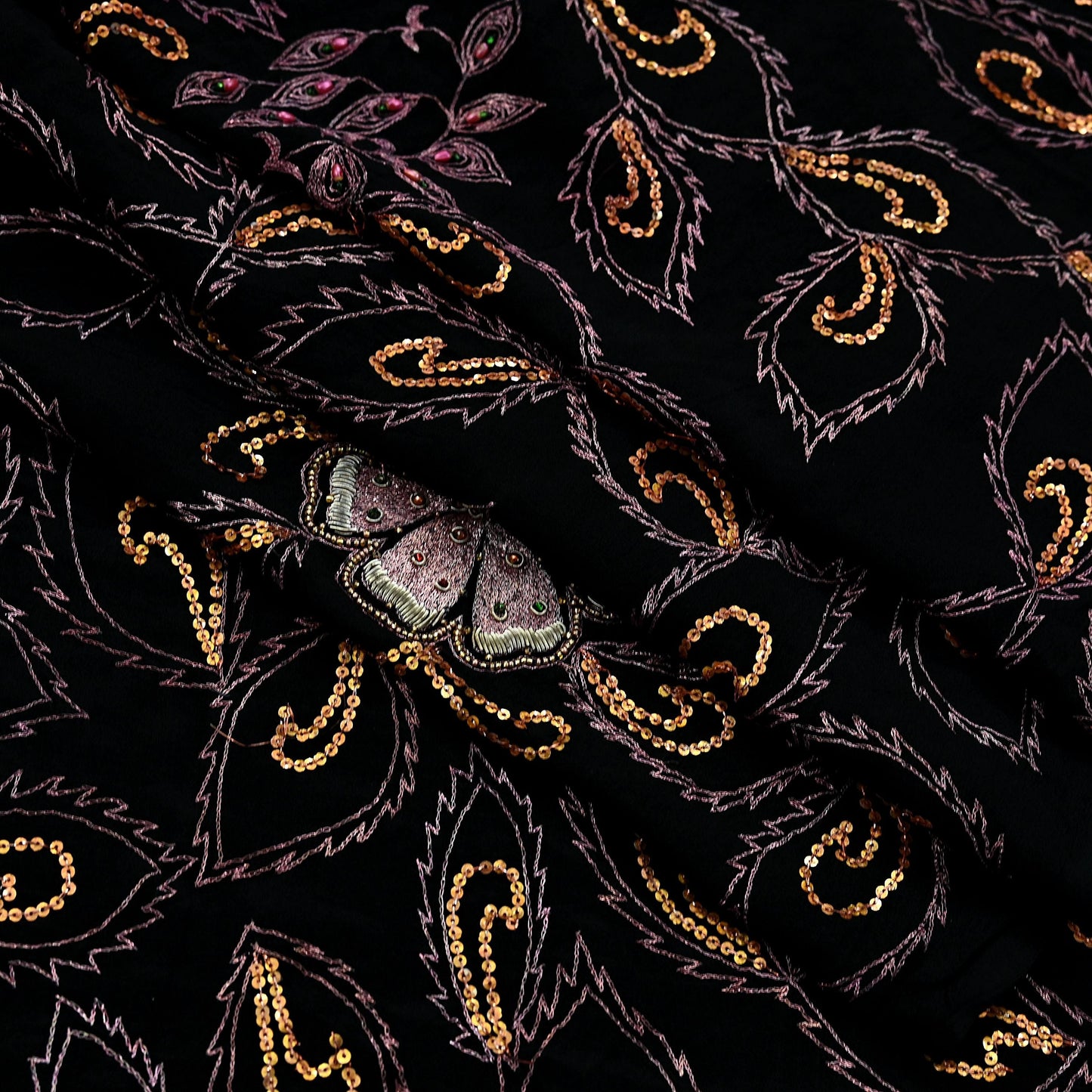 Indian Antique Vintage Heavy Sari Black Pure Silk Hand Embroidered Sarees Craft Fabric 5Yd Sewing Soft Zardozi/Dabka Sequins