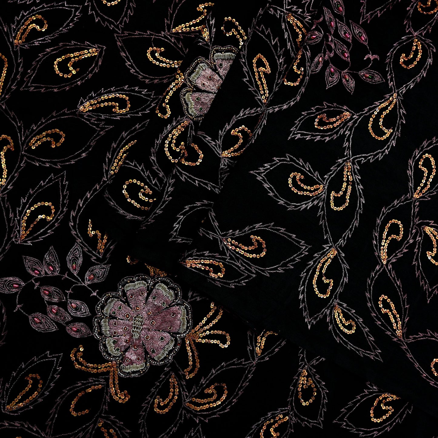 Indian Antique Vintage Heavy Sari Black Pure Silk Hand Embroidered Sarees Craft Fabric 5Yd Sewing Soft Zardozi/Dabka Sequins