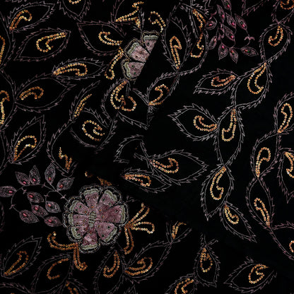 Indian Antique Vintage Heavy Sari Black Pure Silk Hand Embroidered Sarees Craft Fabric 5Yd Sewing Soft Zardozi/Dabka Sequins