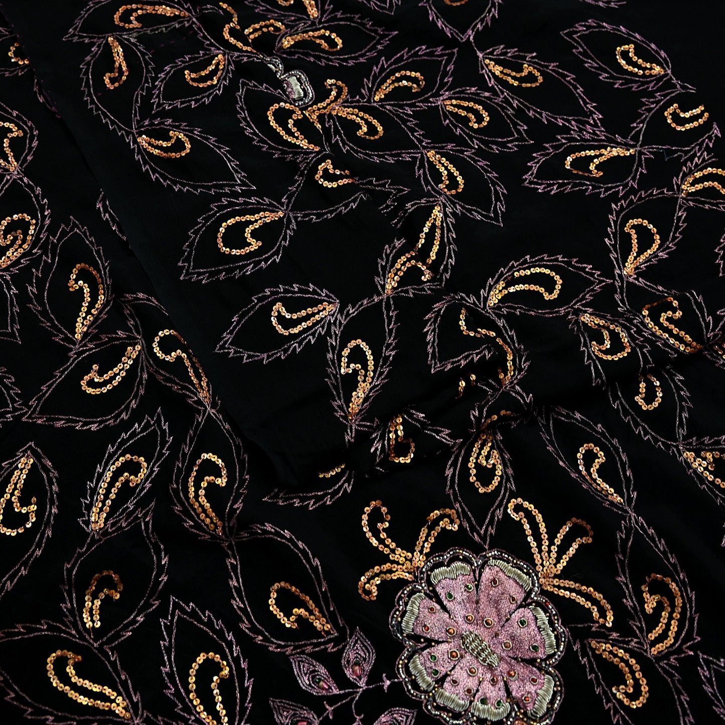 Indian Antique Vintage Heavy Sari Black Pure Silk Hand Embroidered Sarees Craft Fabric 5Yd Sewing Soft Zardozi/Dabka Sequins